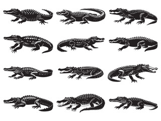 Fototapeta premium Crocodile silhouette vector illustration, isolated black silhouette of a crocodile, alligator vector illustration