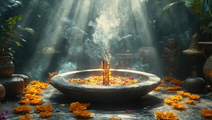 Sacred offering, incense smoke, flowers
