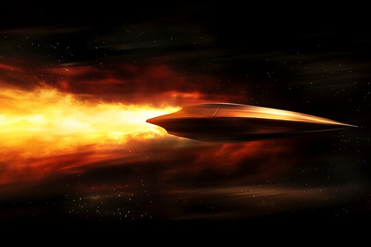 Sci-fi spacecraft, futuristic flying saucer in deep space with fiery exhaust trail
