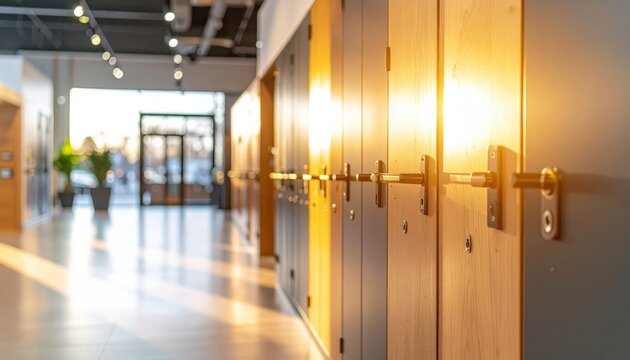 Modern interior with wooden lockers and sunlit corridor - Powered by Adobe