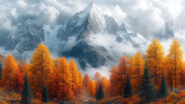 Majestic mountain range with autumnal forest