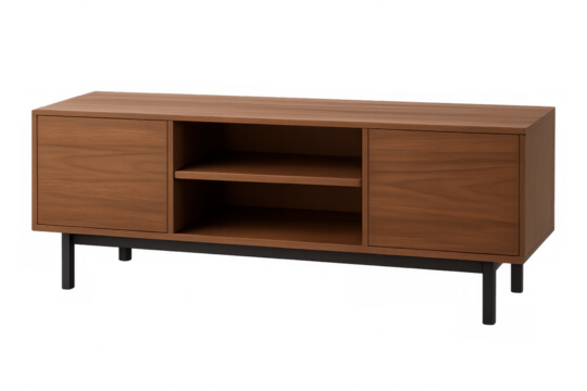 Modern tv stand with sliding doors, open shelving, sleek black metal legs, complementing minimalist interior design aesthetic