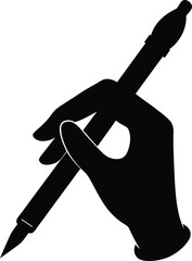 silhouette of hand holding calligraphy pen on white background