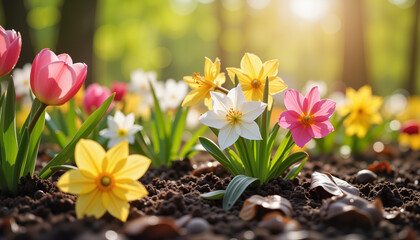 Vibrant flowers blooming in wet soil after spring rain, nature's beauty