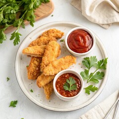 A top view of crispy chicken tenders served with two dipping sauces and parsley on a white plate dish