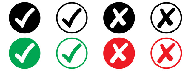 Check mark and cross mark icon set. Right and wrong vector icon set. Green Check Mark and Red X Symbols .