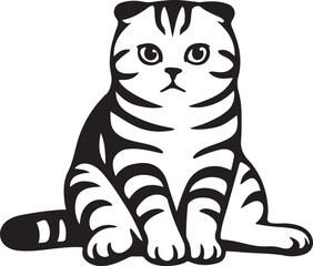 Scottish fold cat sketch sitting pose, Cute folded ears cat drawing black white