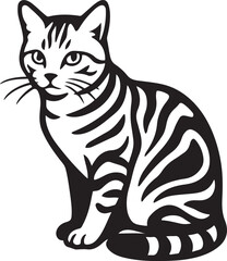 Tabby cat black and white illustration, Elegant tabby cat sitting pose design