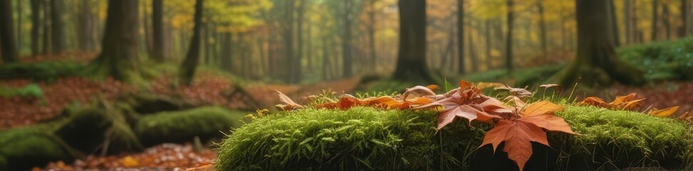 Obraz premium Autumn leaves surround a moss-covered rock in a sun-dappled forest , shadow, green