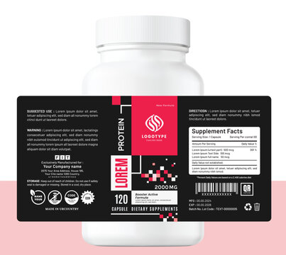 Modern and creative protein supplement label design with bold colors and geometric patterns. Ideal for fitness, gym, and health product packaging.