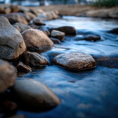 Water Stream Flowing Over Rocks during the Evening