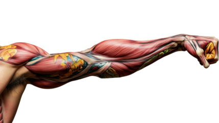 Male arm muscles and bones flexing with transparent background