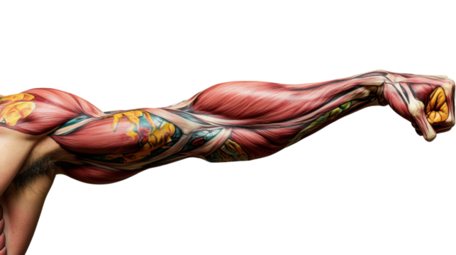 Male arm muscles and bones flexing with transparent background