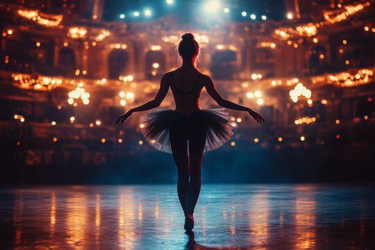 Fototapeta A ballerina stands gracefully on stage under dramatic lighting. Concept of elegance, performance, and art. For dance production.