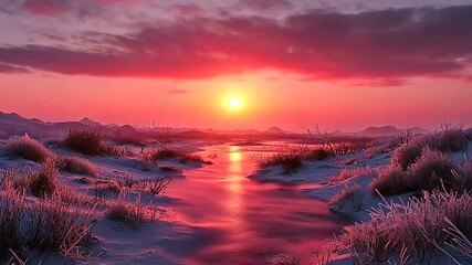 Vibrant sunset over a frosted winter landscape - Powered by Adobe