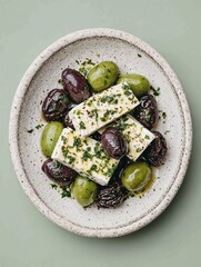 Olives and feta cheese in rustic bowl on green background