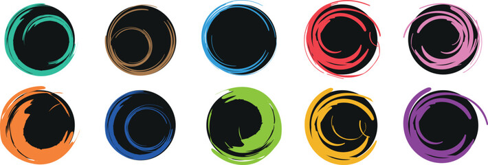 Colorful Round Button Vector Set with Glossy Glass Effect – Multi-Colored Circular Icons, Paint Texture Elements, Symbols and Design Shapes in Orange, Yellow, and Green – High-Quality Illustration and