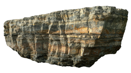 Large rock formation with visible layers floating on transparent background