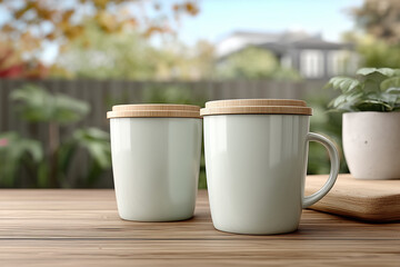 Obraz premium Two coffee cups mockup on meeting desk, copy space for text