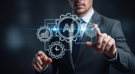 Businessman interacting with AI gears interface