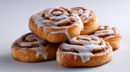 Fresh cinnamon rolls piled high with sweet white icing