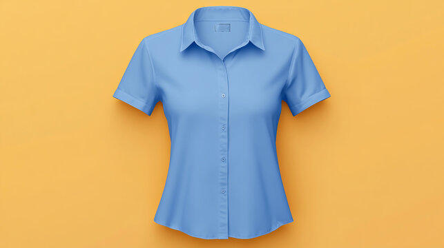Blue poplin short-sleeve fitted shirt for women, mockup clothing template