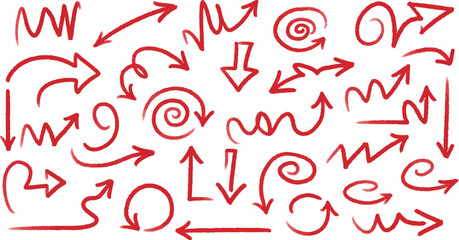 Vibrant red hand-drawn arrows and spirals collection on white background