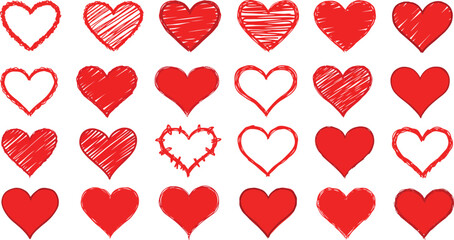 Variety of red and white hand-drawn heart designs on white background