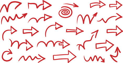 Collection of red hand-drawn arrows with various shapes and styles