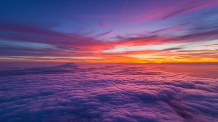 Vivid sunset casting warm hues over a vast cloudscape, creating a mesmerizing view of a colorful evening sky. Captures the serene beauty and dramatic colors of nature at dusk.
