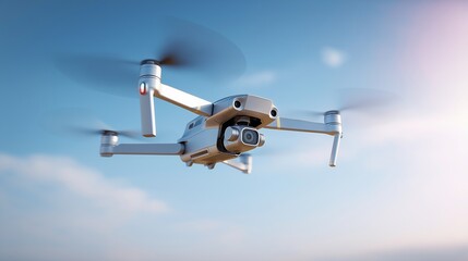 Drone with camera in flight against a bright blue sky