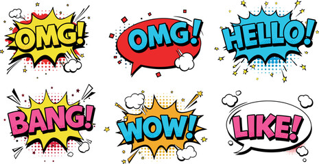 Fototapeta premium Bright comic style speech bubbles with exclamations omg wow hello bang like