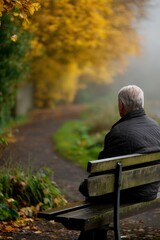 Fototapeta premium Man seated on a park bench during autumn season at daytime