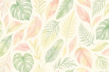 Watercolor background with tropical leaves in pastel tones. Universal seamless pattern for textile, packaging, and interior design.