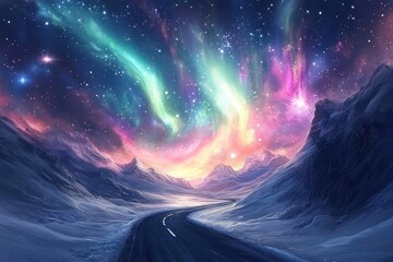 Snowy mountain road under vibrant aurora borealis