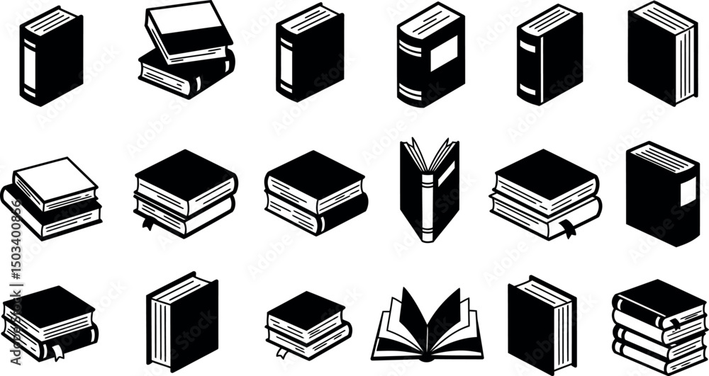 Poster collection of black and white book icons in various stack and open positions