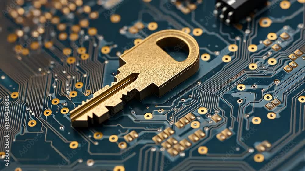 Poster golden key on circuit board symbolizing cybersecurity and technology