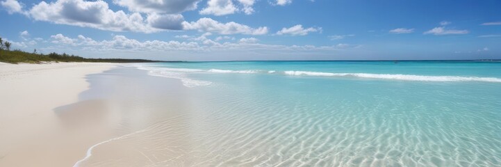 Obraz premium Azure water laps white sand beach, bright blue sky overhead , Mediterranean Sea, vacation