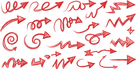 Collection of hand-drawn red arrows in various directions and styles