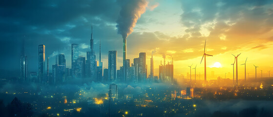 Obraz premium Sustainable Industrial Skyline Powering Net Zero Initiatives through Carbon Trading and Clean Energy Solutions A futuristic cityscape showcasing the of renewable energy technologies