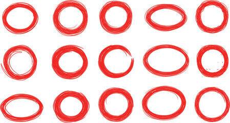 Set of red hand-drawn circles and ovals in various styles