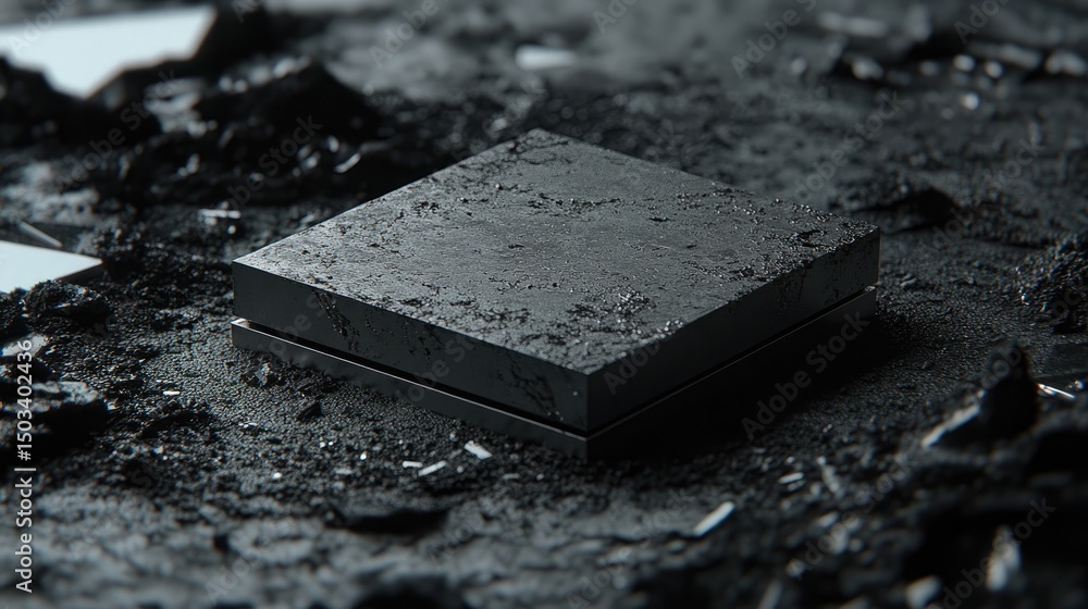 Poster dark gray square object on a textured surface.