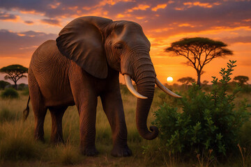 Obraz premium Large elephant in warm twilight, acacia trees behind.