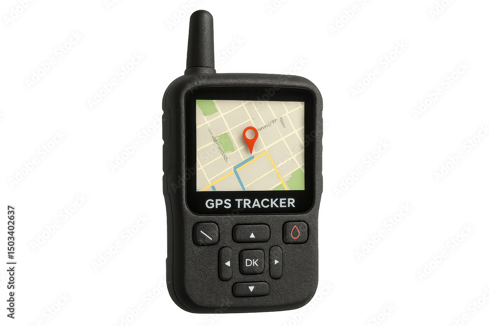 Poster gps tracker device showing location pin on map, with transparent background for easy integration int