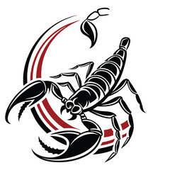 sharp scorpion silhouette logo in vector, bold black and red palette

