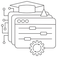 Icon of AI model tuning and automation with layered screens, adjustment sliders, gear with loop arrows, and academic cap. Vector pictogram with thin black lines, editable line thickness