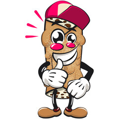 cute cannoli vektor illustration mascot character with big smile wearing a baseball cap while giving a thumbs up, work of hand drawn