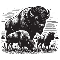 Silhouette Bison Black Vector white background illustration Style 