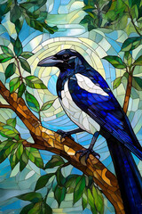 Mosaic painting style image of a Magpie bird perched on tree branch