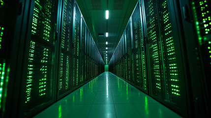 Green illuminated server room data center technology infrastructure powerful servers modern network  web.